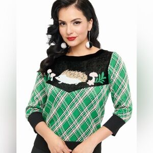 Smak Parlour Green Plaid Sweater with Hedgehog Design